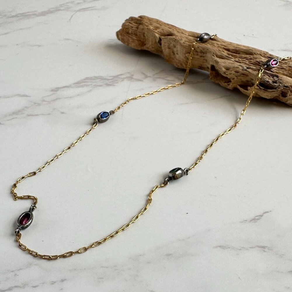 Vintage 12K Gold Filled Necklace Simulated Gemstones & Sterling Silver Setting
